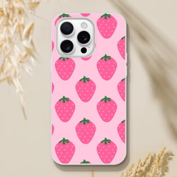 Cute pink strawberry-pattern iPhone case for 13–16 with kawaii fruit aesthetic.