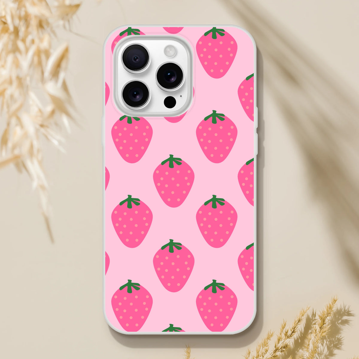 Cute pink strawberry-pattern iPhone case for 13–16 with kawaii fruit aesthetic.