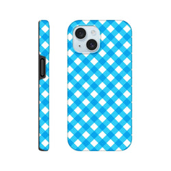 Retro blue gingham checkered tough iPhone case providing shock absorption and wireless charging compatibility for daily use.