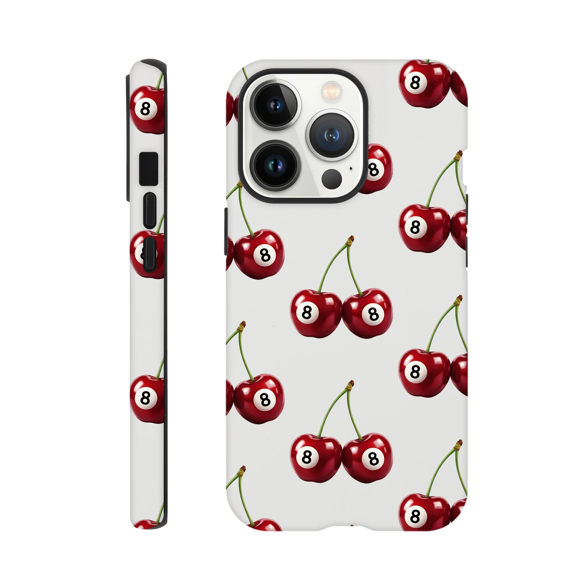 Lucky Cherries tough phone case for iPhone 16/15/14/13 with wraparound cherry pattern and 8-ball accents.