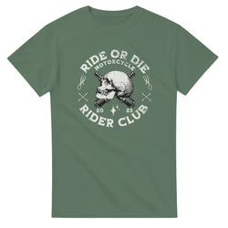Green cotton-blend T-shirt with biker skull graphic and Ride or Die Rider Club lettering