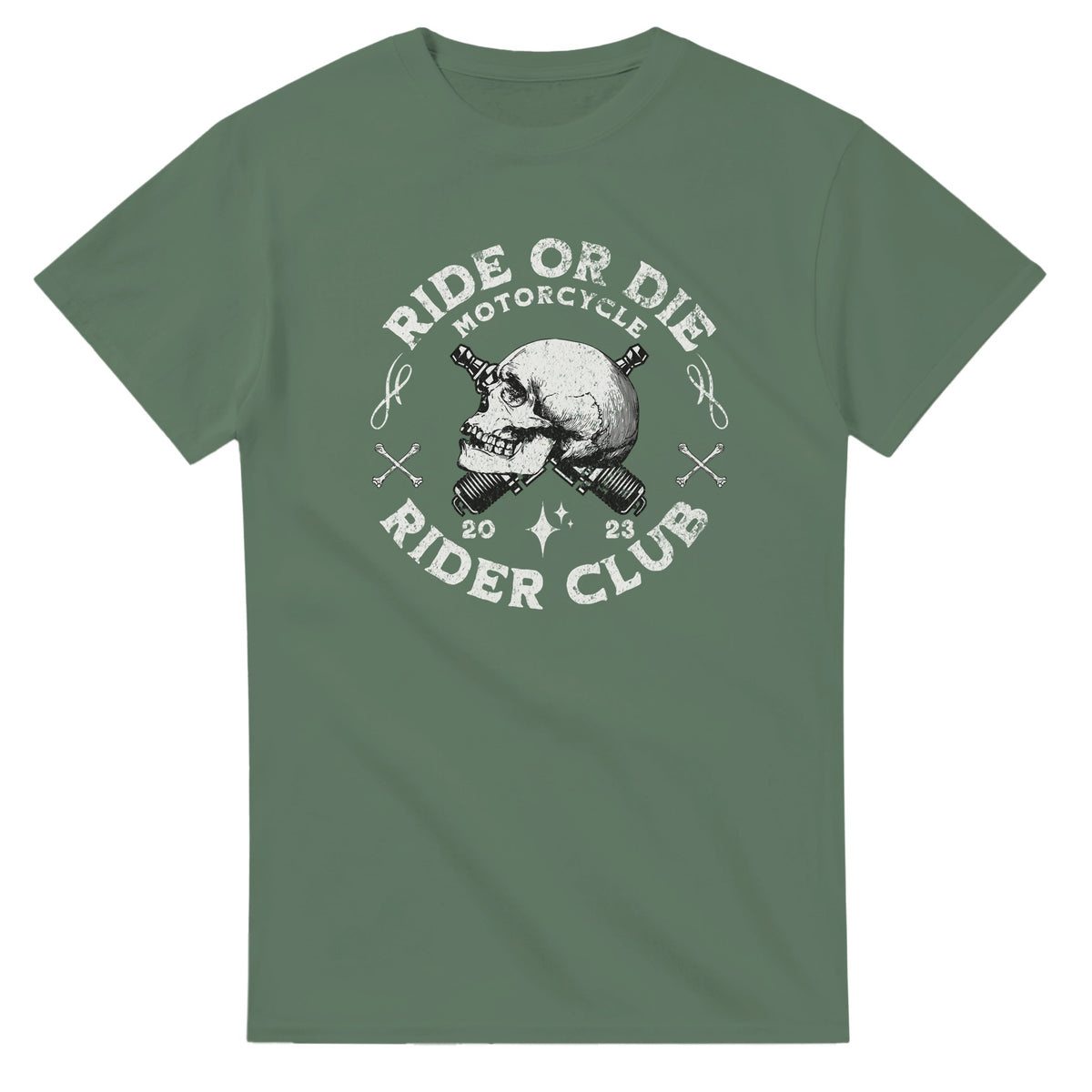 Green cotton-blend T-shirt with biker skull graphic and Ride or Die Rider Club lettering