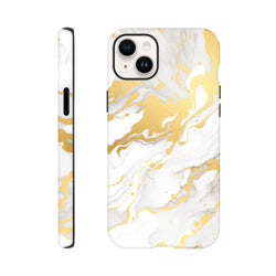 Luxury white and gold marble iPhone case featuring an abstract fluid pattern with seamless wraparound design for a gallery-grade finish.