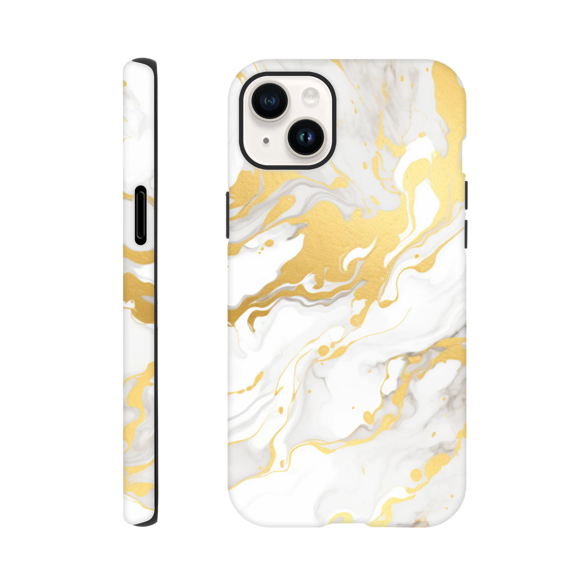 Luxury white and gold marble iPhone case featuring an abstract fluid pattern with seamless wraparound design for a gallery-grade finish.