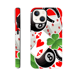 Lucky charm iPhone case with Ace of Hearts, four-leaf clover, and 8-ball street graphics. Tough impact-resistant shield for iPhone 13-16.