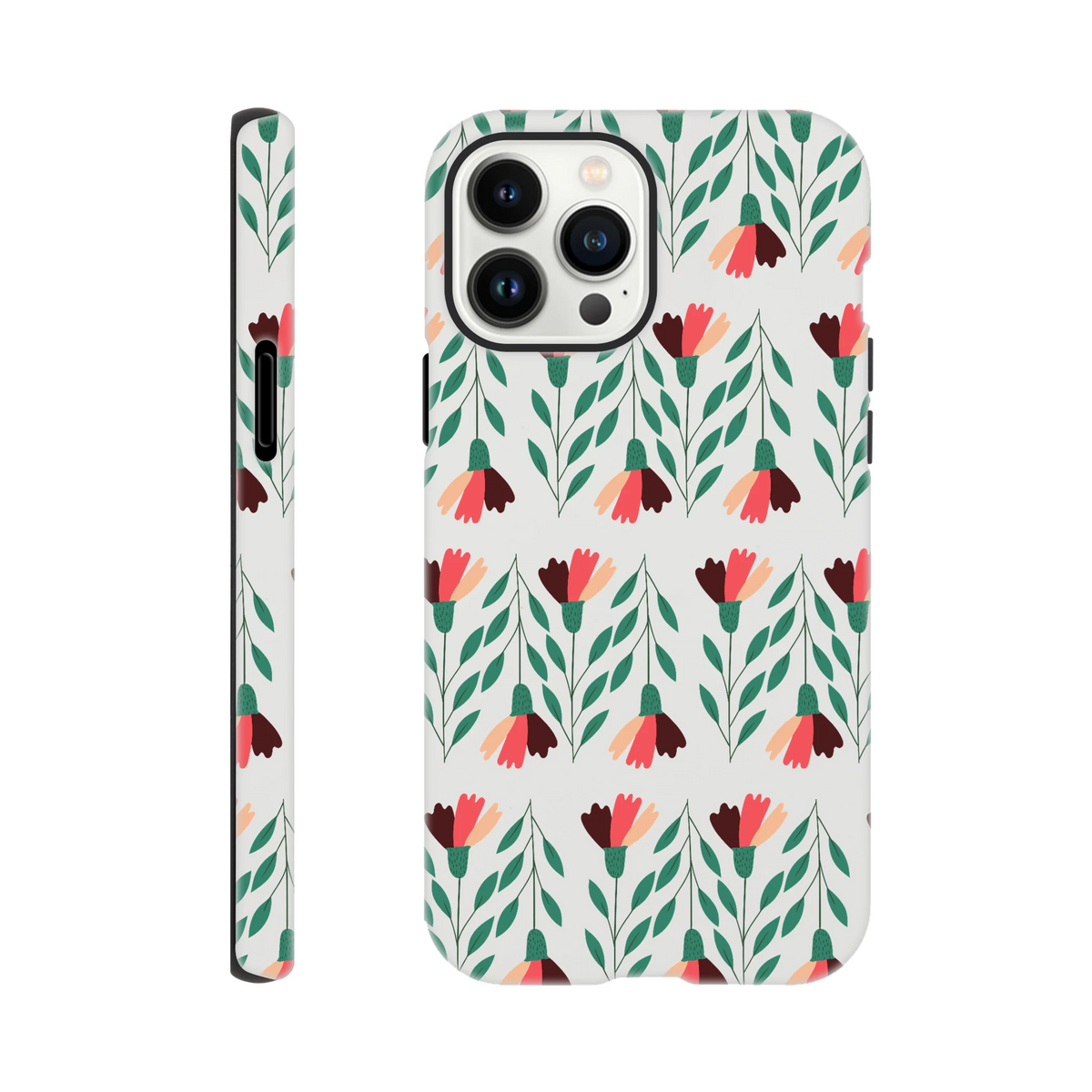 Floral wraparound print tough protective case for iPhone 16 15 14 13 with glossy dual-layer finish.