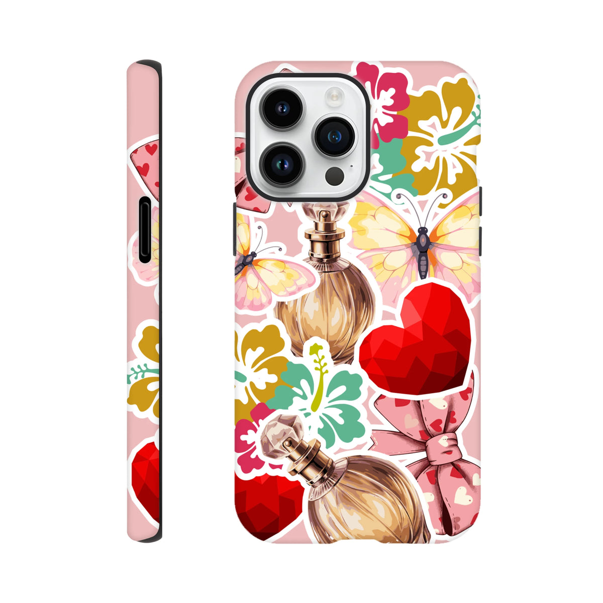 Pink floral iPhone case with sticker effect design featuring butterflies, perfume bottles, and red hearts on a tough outer shell.