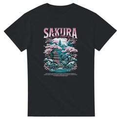 Japanese Sakura graphic tee with pink Sakura Sanctuary text, cherry blossoms, pagoda, teal landscape on black shirt