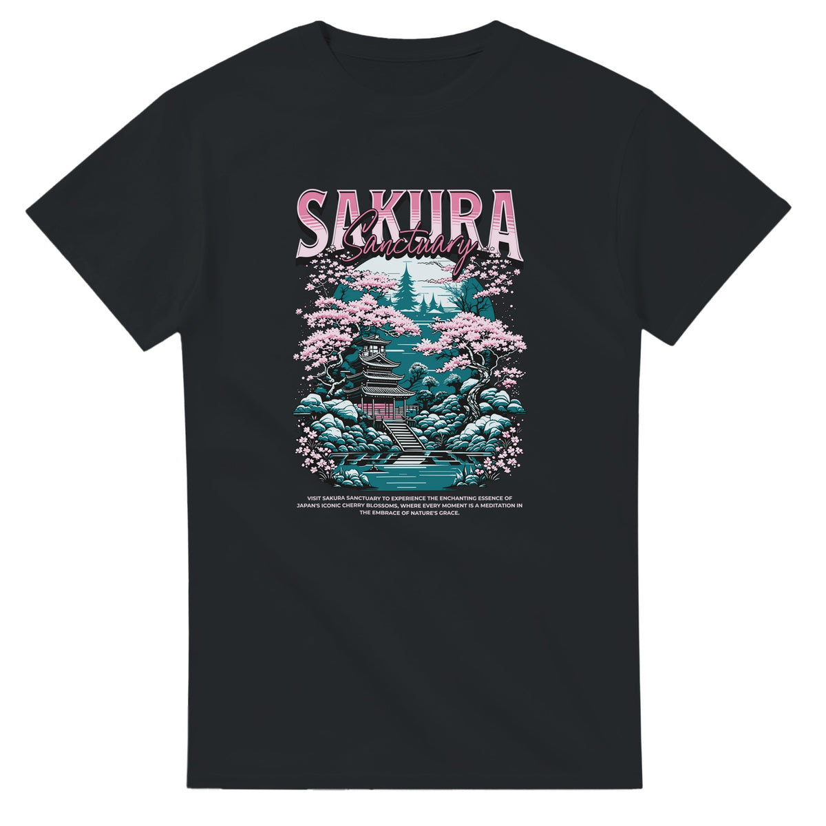 Japanese Sakura graphic tee with pink Sakura Sanctuary text, cherry blossoms, pagoda, teal landscape on black shirt