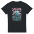 Japanese Sakura graphic tee with pink Sakura Sanctuary text, cherry blossoms, pagoda, teal landscape on black shirt