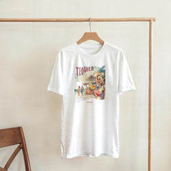 White Tequila graphic T-shirt for women with tropical beach scene, soft cotton blend, crew neck.