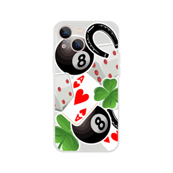 Transparent iPhone case featuring lucky charm design with 8 ball, Ace of Hearts, horseshoe, and four-leaf clover graphics.