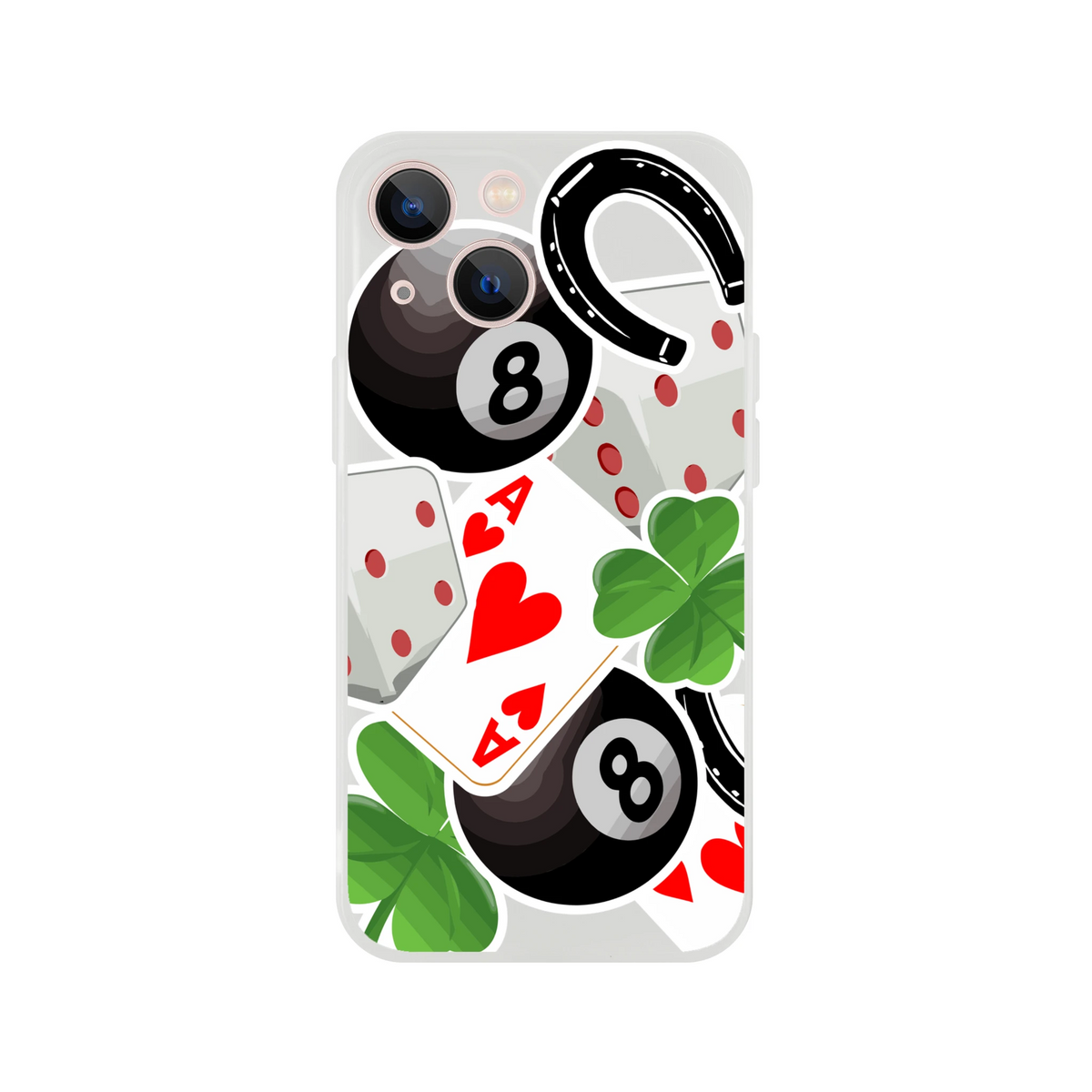 Transparent iPhone case featuring lucky charm design with 8 ball, Ace of Hearts, horseshoe, and four-leaf clover graphics.