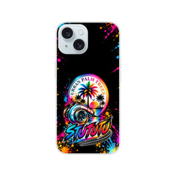 Vibrant Turbo Car Culture iPhone case featuring a colorful turbocharger, palm trees, and splatter art on a black background.