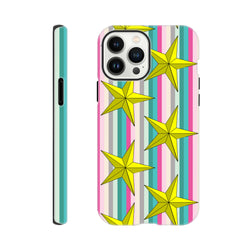Retro Star Stripe Tough iPhone case featuring yellow stars on colorful vertical stripes with shock-absorbing TPU protection for daily commutes.