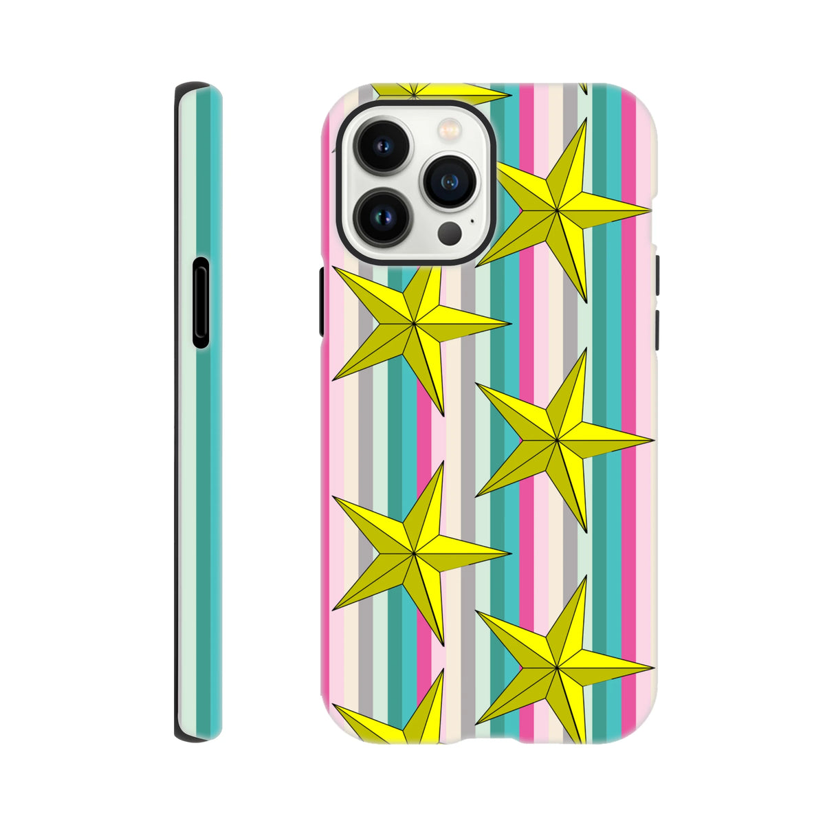 Retro Star Stripe Tough iPhone case featuring yellow stars on colorful vertical stripes with shock-absorbing TPU protection for daily commutes.