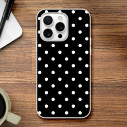 Retro black and white polka dot iPhone case. Slim matte TPU shell offers drop protection and wireless charging for iPhone 13-16.