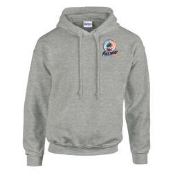 Grey men's streetwear hoodie featuring colorful Urban Palm Trees and Full Send graphic on the chest with front pouch pocket.
