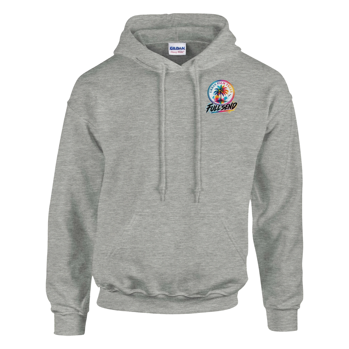 Grey men's streetwear hoodie featuring colorful Urban Palm Trees and Full Send graphic on the chest with front pouch pocket.