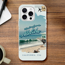 Vintage Malibu postcard iPhone case for iPhone 13–16 with seaside blue waves and Malibu script.