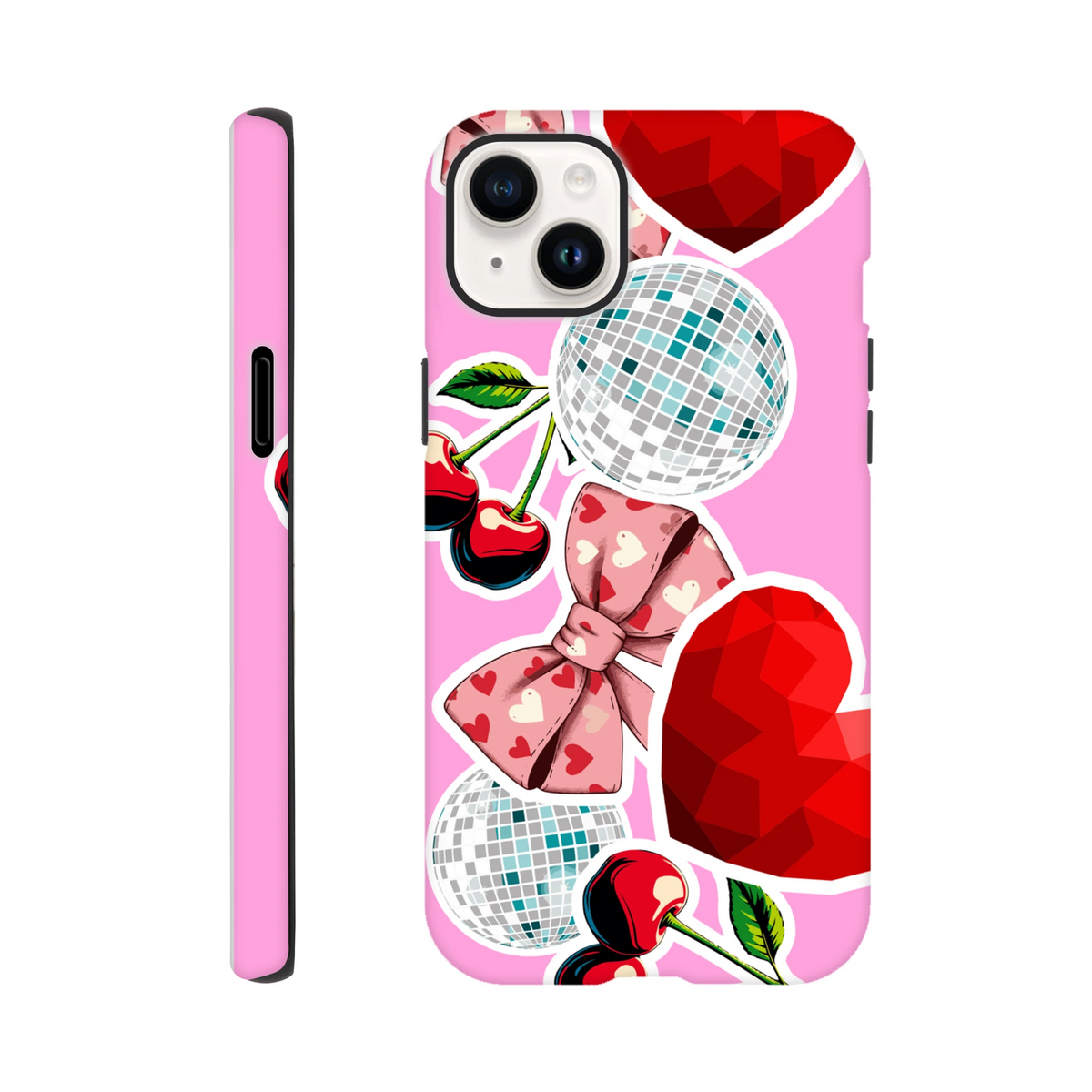Pink Y2K iPhone case with sticker-art cherries, heart bow, disco balls, and red polygon hearts on a glossy pink background.