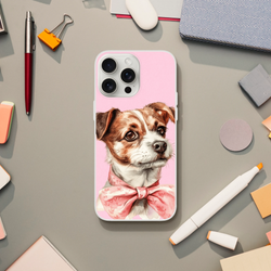 Cute Dog iPhone Case for iPhone 13–16, pink with a dog illustration, retro aesthetic on a desk.