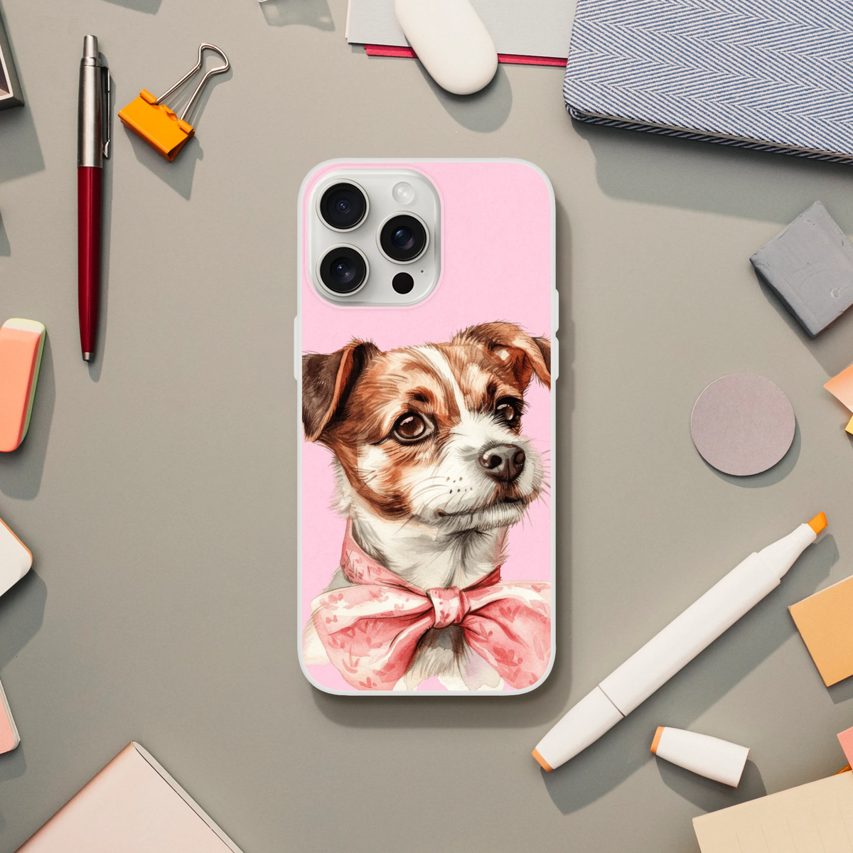 Cute Dog iPhone Case for iPhone 13–16, pink with a dog illustration, retro aesthetic on a desk.