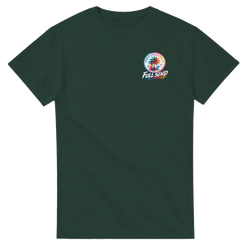 Dark green Full Send Petrolhead t-shirt featuring a colorful Urban Palm Trees logo on the chest for modified car culture streetwear.