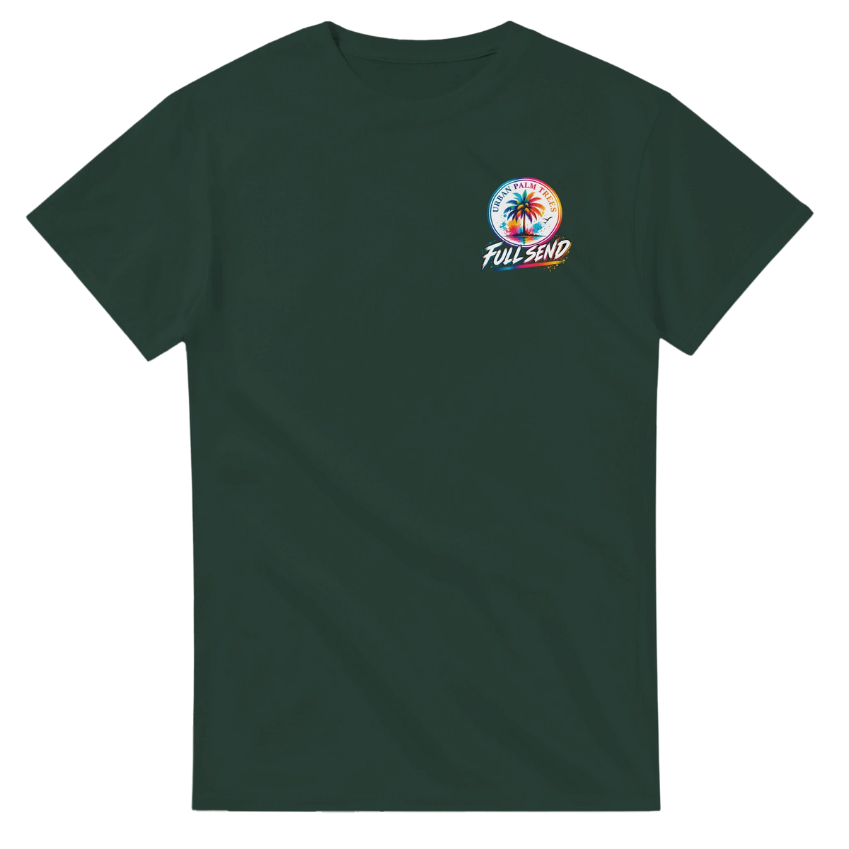 Dark green Full Send Petrolhead t-shirt featuring a colorful Urban Palm Trees logo on the chest for modified car culture streetwear.