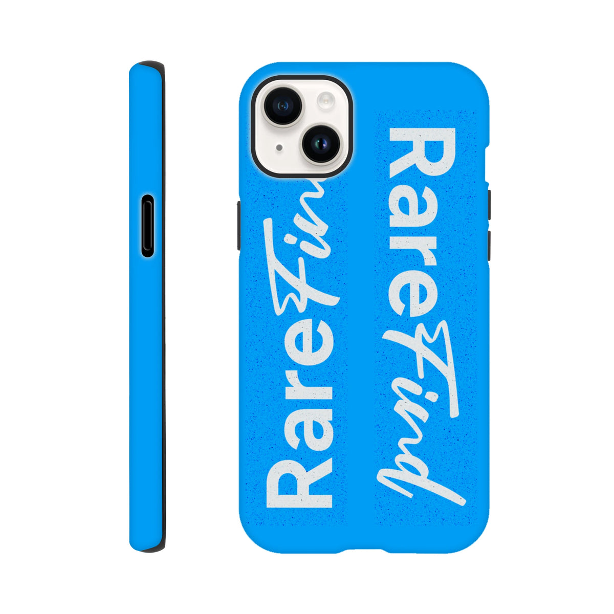 Rare Find blue tough iPhone case with white slogan text, featuring a speckled finish for iPhone 13-16 streetwear style.