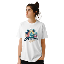Woman wearing a white Retro Paradise T-shirt featuring tropical palm island graphic.