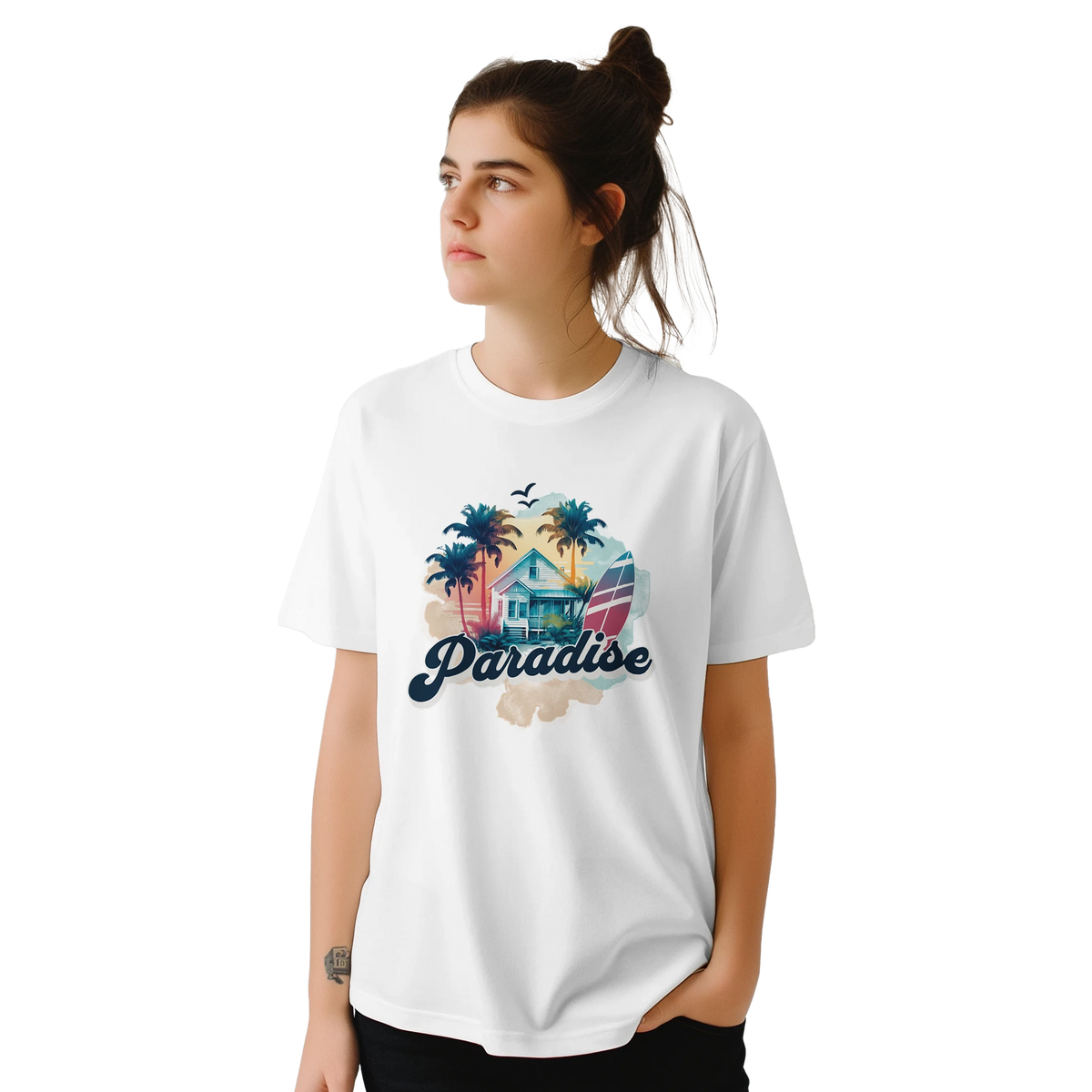 Woman wearing a white Retro Paradise T-shirt featuring tropical palm island graphic.
