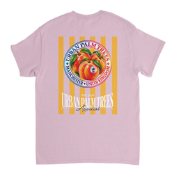 Retro pink t-shirt back featuring vertical yellow stripes and a circular peach graphic badge with Urban Palm Trees text.