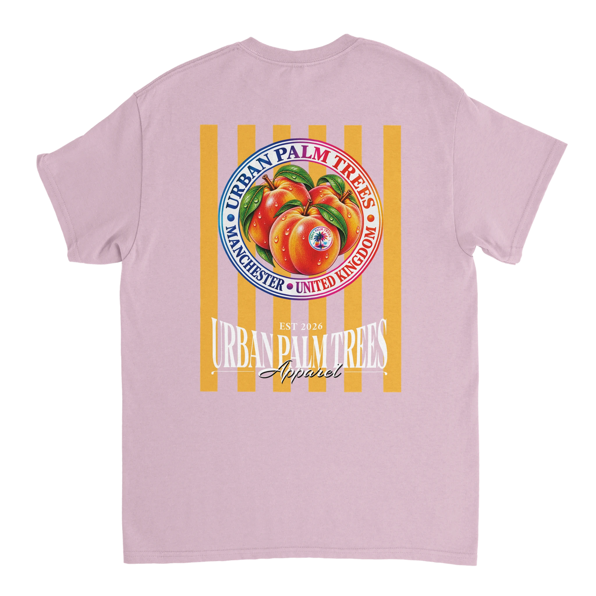 Retro pink t-shirt back featuring vertical yellow stripes and a circular peach graphic badge with Urban Palm Trees text.