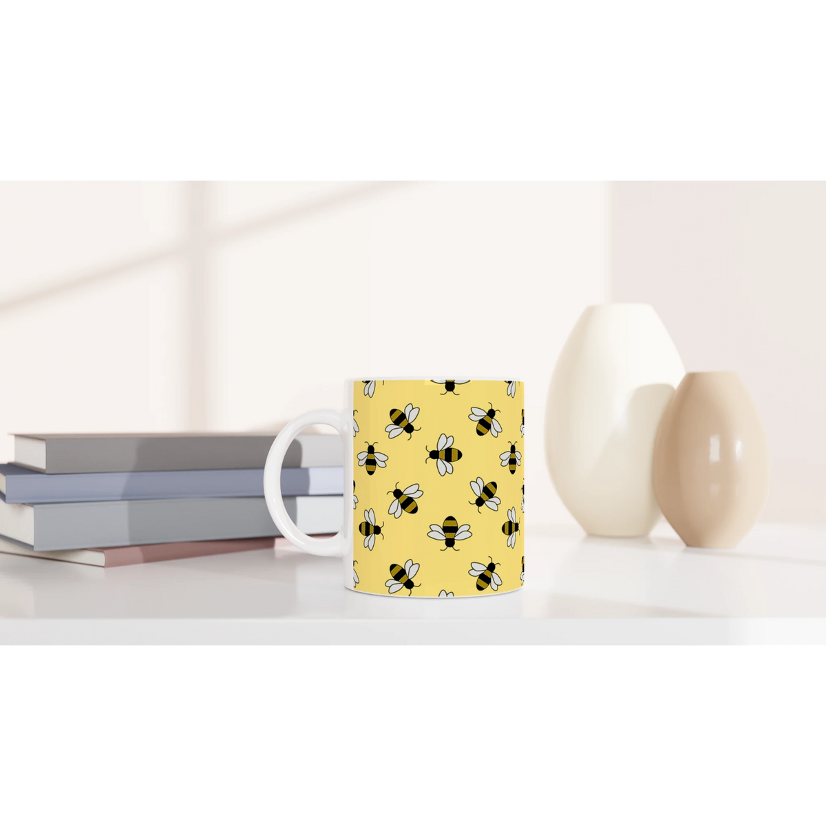 Cute yellow ceramic mug featuring a bee pattern, ideal for coffee or tea for bee lovers.
