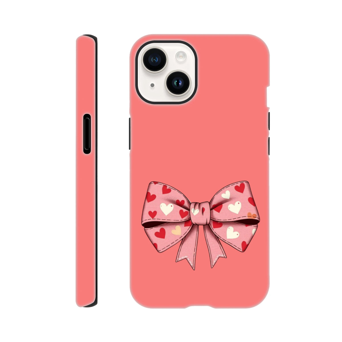 Coral pink iPhone case featuring a cute coquette bow graphic patterned with small red and white hearts for a bold aesthetic look.
