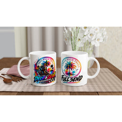 White petroIhead mug with colorful "Drop A Gear" shift knob art and palm trees sits beside a "Full Send" tropical design mug.