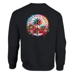 Black sweatshirt featuring a retro tropical back print with a palm tree, cherries, and "Urban Palm Trees" text.