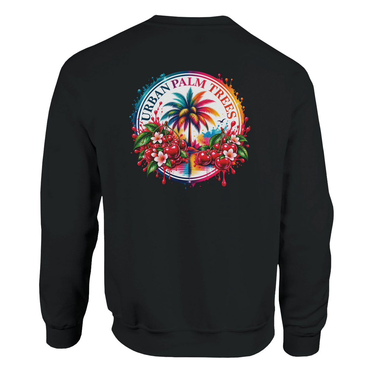 Black sweatshirt featuring a retro tropical back print with a palm tree, cherries, and "Urban Palm Trees" text.
