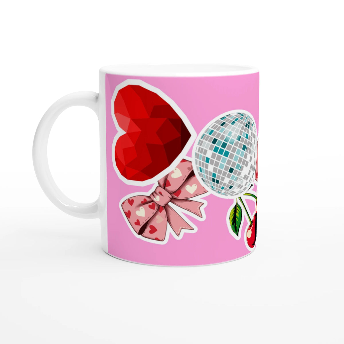 Cute Coquette ceramic mug with pink wrap featuring bows, cherries and hearts.