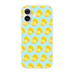 Pastel blue iPhone case featuring a repeating pattern of yellow whole and sliced lemons for summer fruit style protection.
