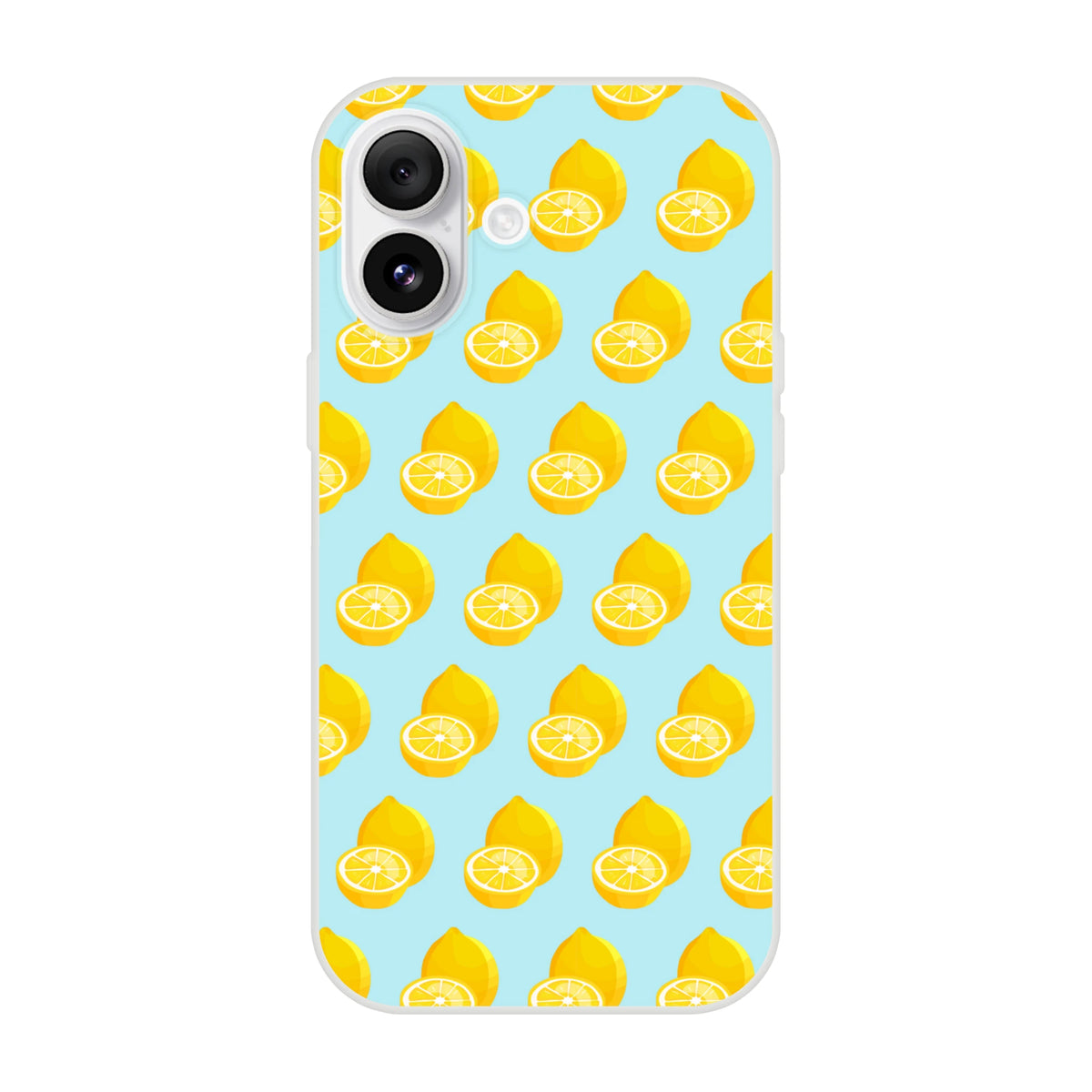 Pastel blue iPhone case featuring a repeating pattern of yellow whole and sliced lemons for summer fruit style protection.