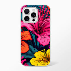 Colourful Tropical Hibiscus iPhone Case (13-16) with vibrant pink, orange, and yellow blooms on a teal backdrop