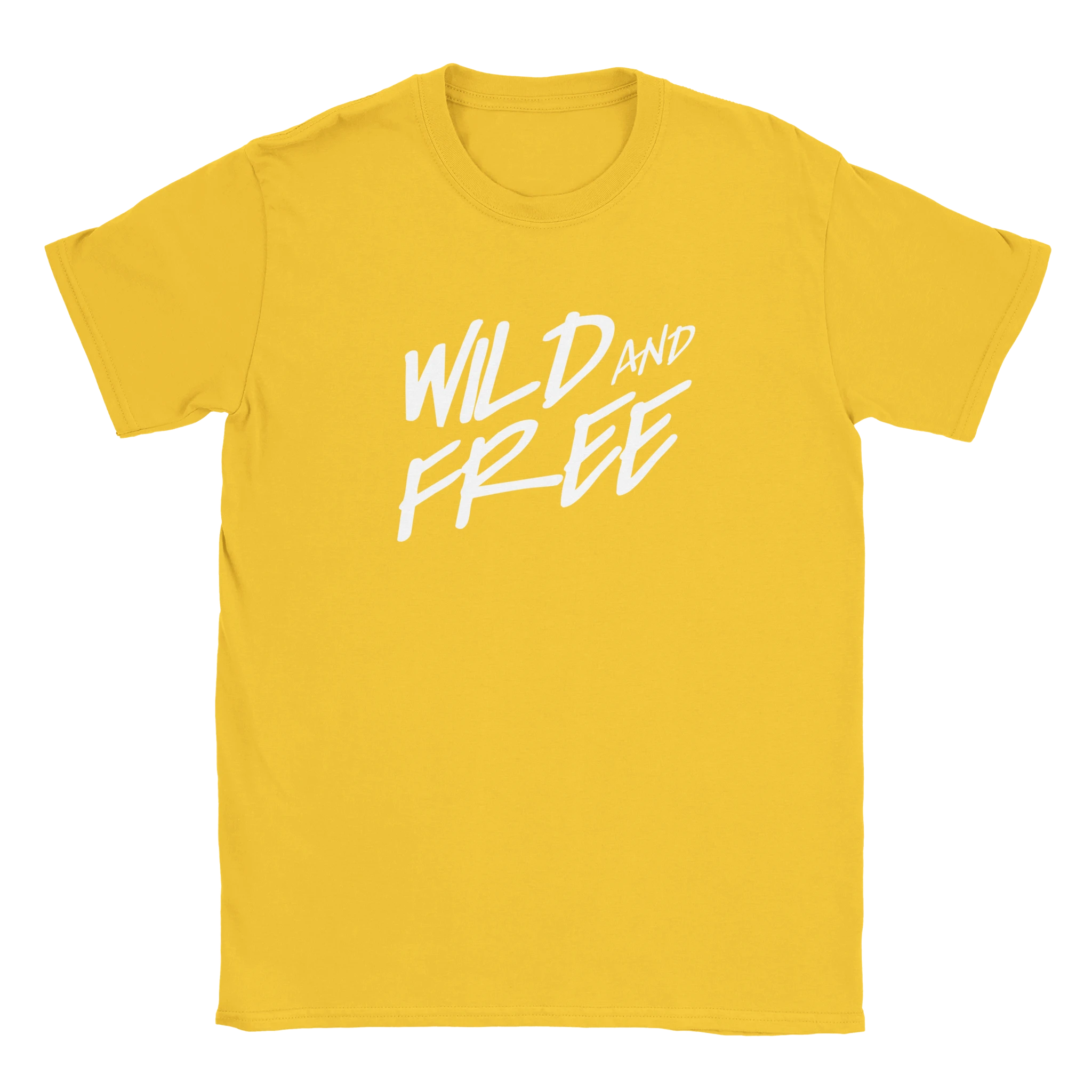 Women's yellow T-shirt with bold white 'WILD AND FREE' retro slogan.