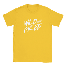 Women's yellow T-shirt with bold white 'WILD AND FREE' retro slogan.