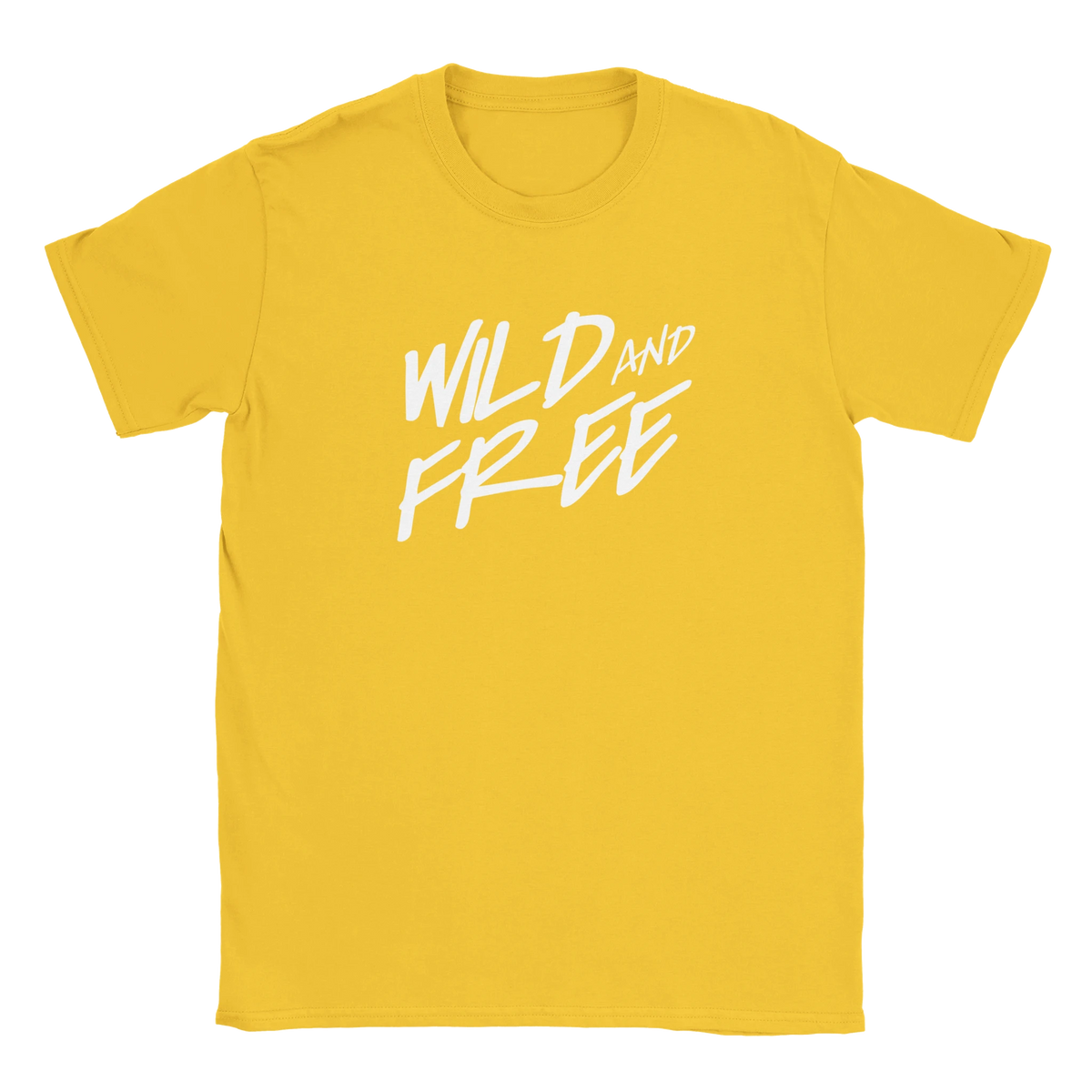 Women's yellow T-shirt with bold white 'WILD AND FREE' retro slogan.