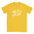 Women's yellow T-shirt with bold white 'WILD AND FREE' retro slogan.