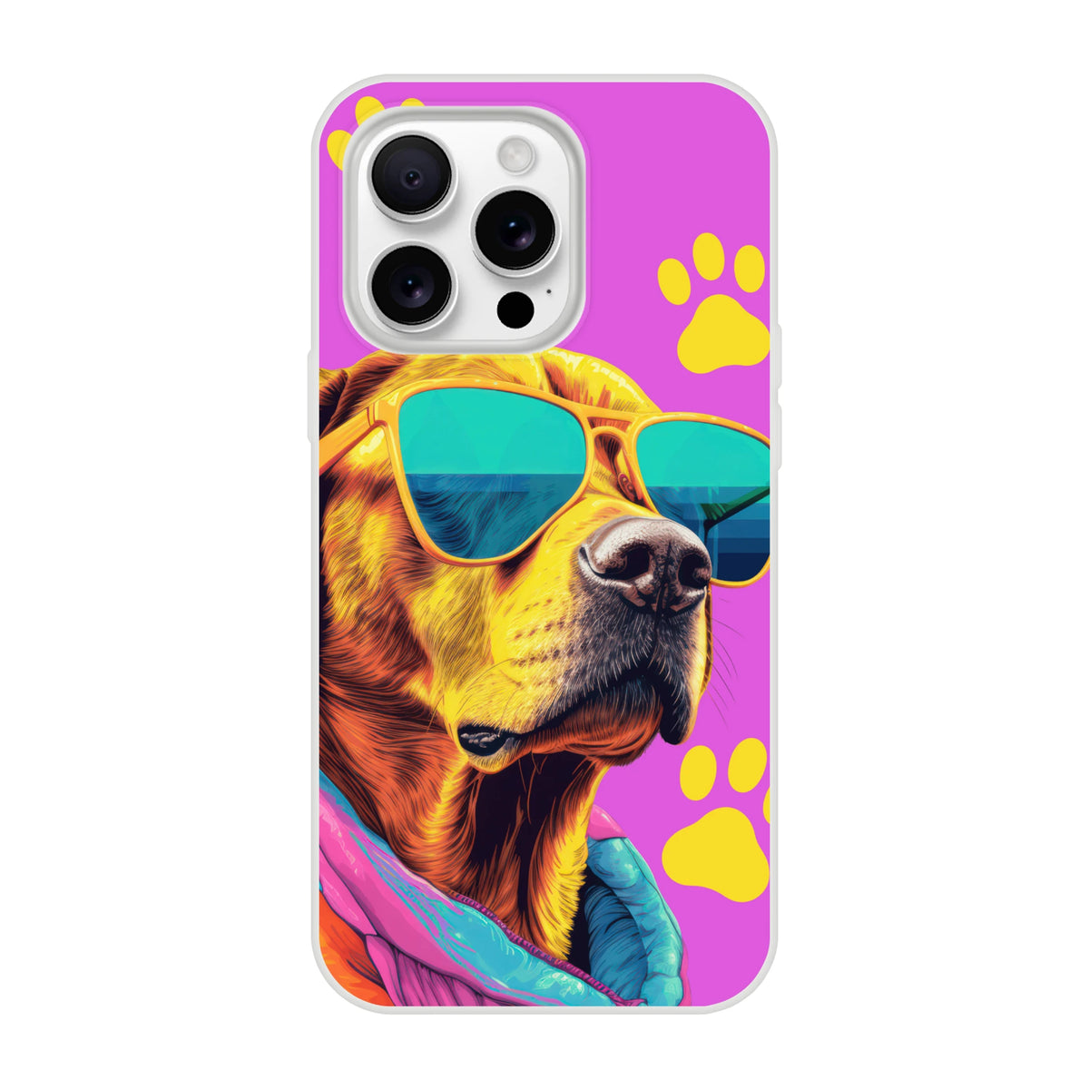 Trendy dog iPhone case for 13–16 with a dog wearing sunglasses on pink background and yellow paw prints.