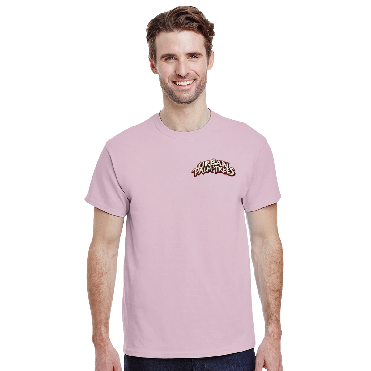 Men's dusty pink crew-neck t-shirt featuring a retro Urban Palm Trees graphic on the chest for casual streetwear.