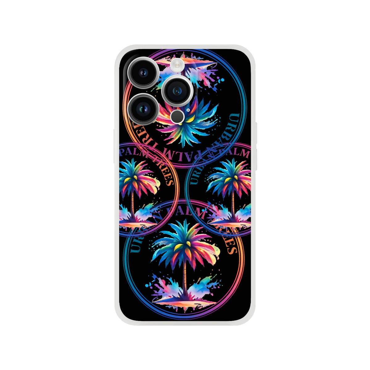 Urban Palm Trees iPhone Case (13-16) retro palm artwork, matte finish, slim, flexible design, shock-absorbing TPU.